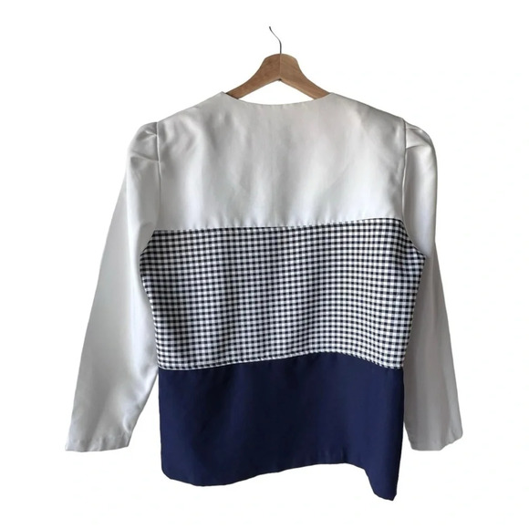 Women’s Quartz Vintage blazer front white blue navy button shoulder pad size 14. - Picture 2 of 16